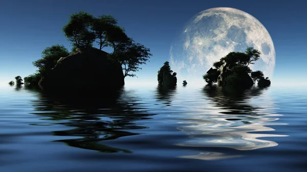 Kleine Inseln Mit Grünen Bäumen Großer Mond Geht Auf Rendering — Stockfoto