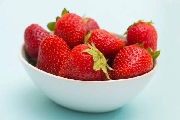 Bowl Fresh Strawberries Front Light Blue Background — Stock Photo, Image