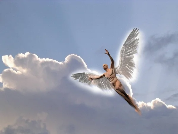 Surrealismus Nackter Mann Mit Weißen Flügeln Fliegt Den Bewölkten Himmel — Stockfoto