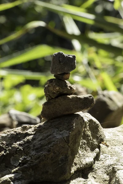 Pedra Balanceamento Floresta Luz Dia Perto — Fotografia de Stock