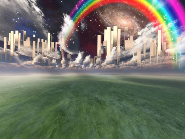 Città Celeste Aleggia Nel Cielo Arcobaleno Galassia — Foto Stock