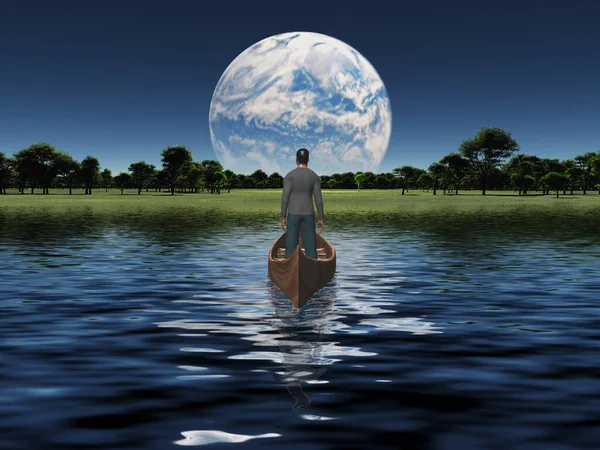 Der Mann Boot Schwimmt Dem Grünen Horizont Entgegen Planet Steigt — Stockfoto