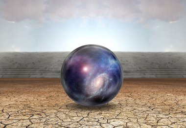 Surreal digital art. Universe in bubble in arid land. clipart