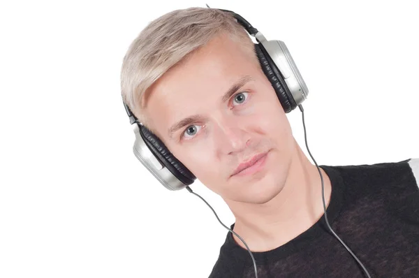 Homem Fones Ouvido Lissening Música Isolada Branco Com Espaço Cópia — Fotografia de Stock