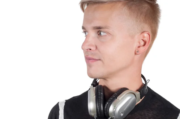 Hombre Con Auriculares Aislados Blanco Con Espacio Copia — Foto de Stock