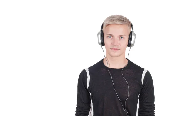 Hombre Auriculares Aislados Blanco Con Espacio Copia — Foto de Stock