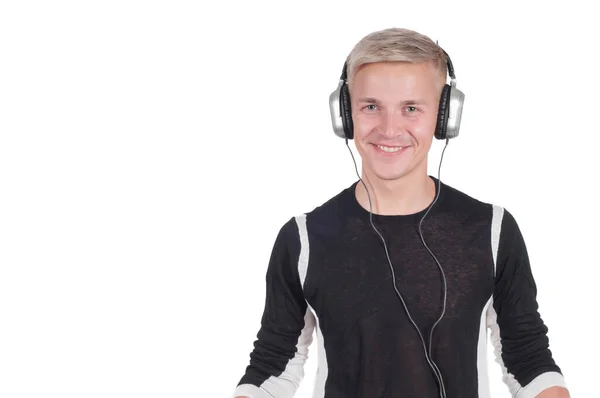 Mann Mit Kopfhörer Isoliert Auf Weiß Mit Kopierraum — Stockfoto