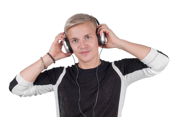 Mann Mit Kopfhörer Spielt Musik Isoliert Auf Weiß Mit Kopierraum — Stockfoto