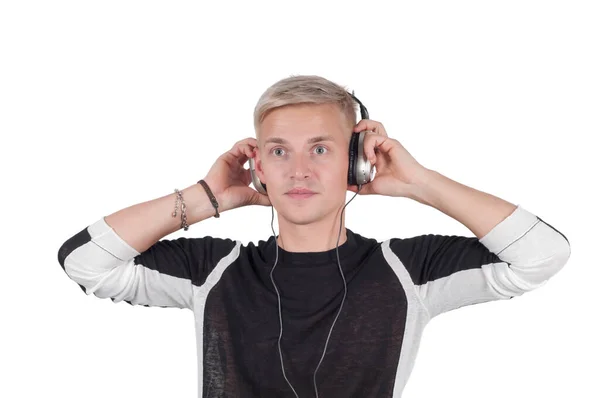 Mann Mit Kopfhörer Spielt Musik Isoliert Auf Weiß Mit Kopierraum — Stockfoto