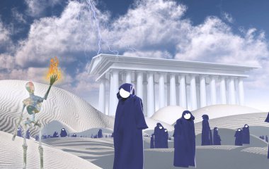 Surreal desert with White Temple and faceless monks. Gleaming robot with flame in his hand. Lightning in the sky. clipart