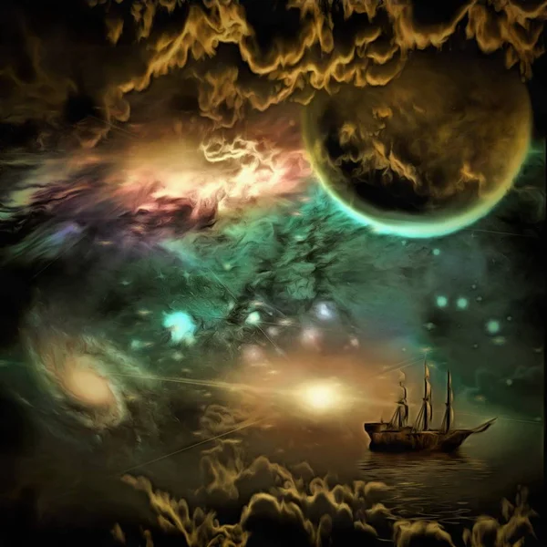 Surreale Malerei Segelschiff Lebendigem Universum — Stockfoto