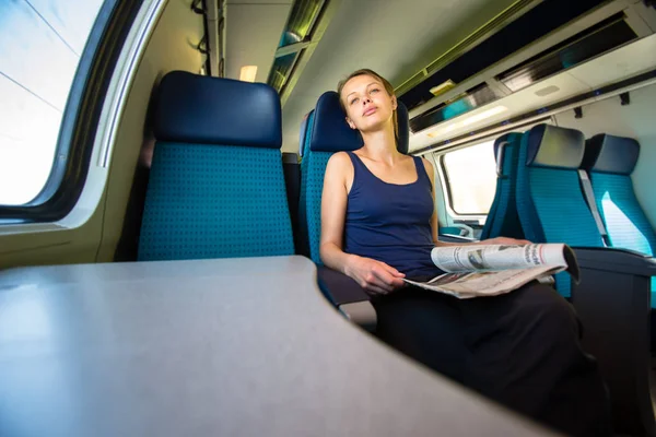 Young Woman Traveling Train — Stock Photo, Image