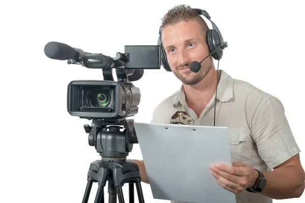 Homme Avec Caméscope Professionnel Isolé Sur Fond Blanc — Photo