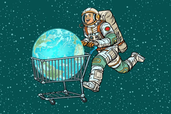 Planet Earth Bought Astronaut Shopping Cart Trolley Sale Pop Art — Stock Photo, Image