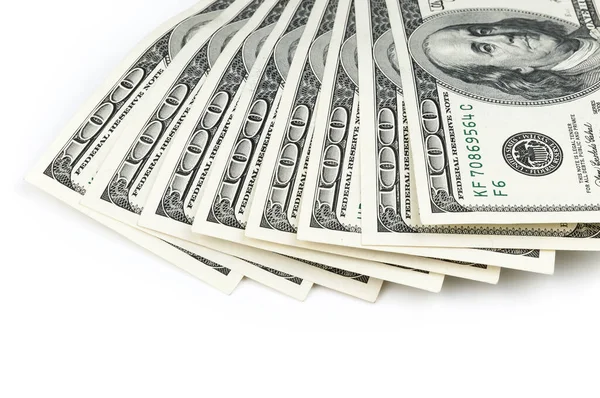 100 Dolarlık Banknotların Bir Kısmı Yukarıdan Pervane Şeklinde — Stok fotoğraf