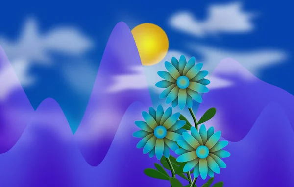 Cartoonist illustration. Daisies and Sun in cloudy sky, purple mountains