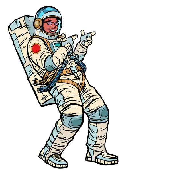 Молодой Астронавт Указывает Изолировать Белом Фоне Афроамериканцы Ретро Векторная Иллюстрация — стоковое фото