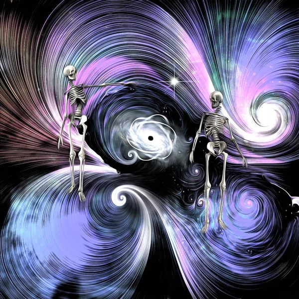 Pintura Surreal Buraco Negro Núcleo Atômico Centro Universo Dois Esqueletos — Fotografia de Stock