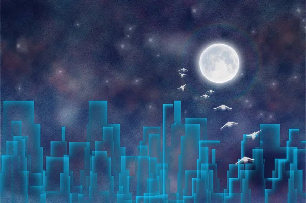 Siluetas Ciudad Nocturna Las Aves Vuelan Luna Llena Brillante Renderizado —  Fotos de Stock