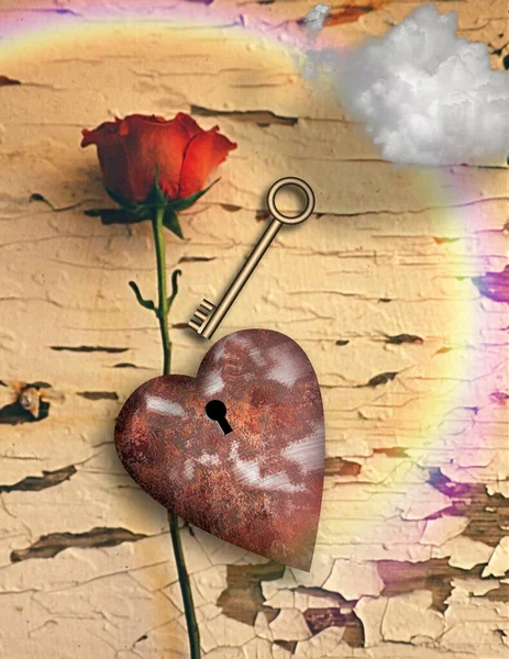 Surrealism Red Rose Rusted Heart Keyhole Golden Key Cloud Rainbow — Stock Photo, Image