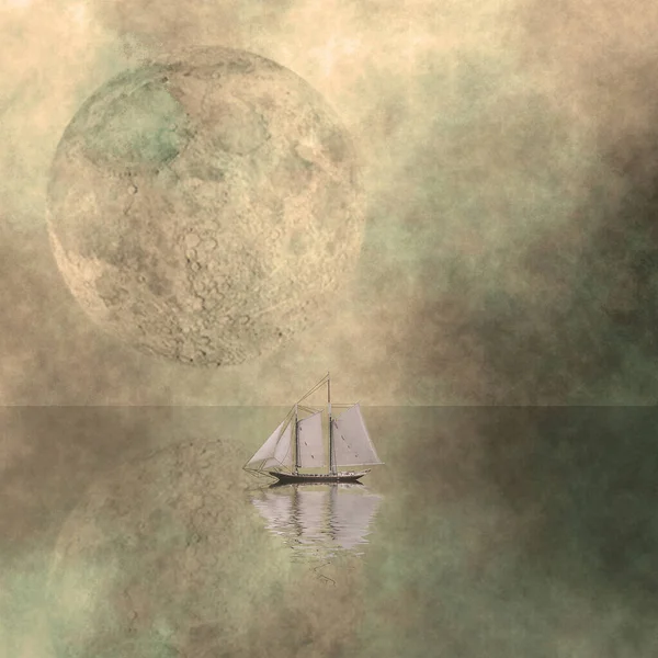 Segelbåten Flyter Det Surrealistiska Lugna Havet Jättemåne Vid Horisonten — Stockfoto