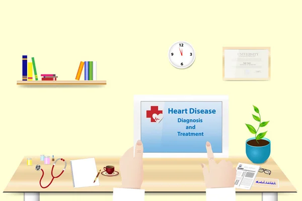 Läkaren Håller Tabletten Handen Office Inskriften Hjärtsjukdom Diagnos Och Behandling — Stockfoto