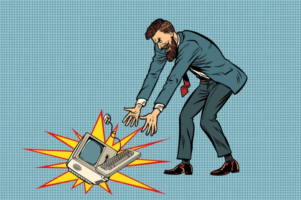 Businessman in rage breaks computer. Pop art retro vector illustration kitsch vintage