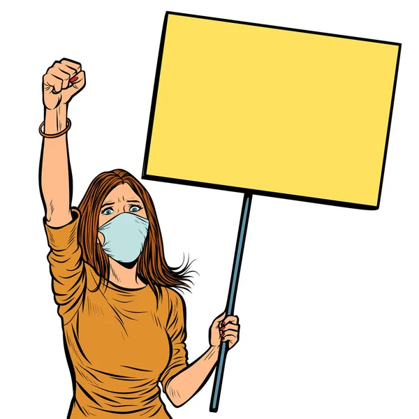 医療マスクの女性がポスターで抗議しています 白い背景に隔離されてる ポップアートレトロベクトルイラスト ビンテージキッチュドローイング — ストック写真