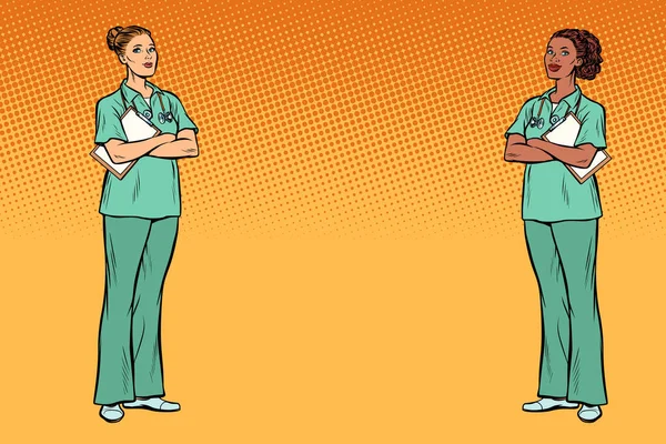 Vielethnische Gruppe Zwei Pflegekräfte Medizin Und Gesundheitlicher Hintergrund Pop Art — Stockfoto