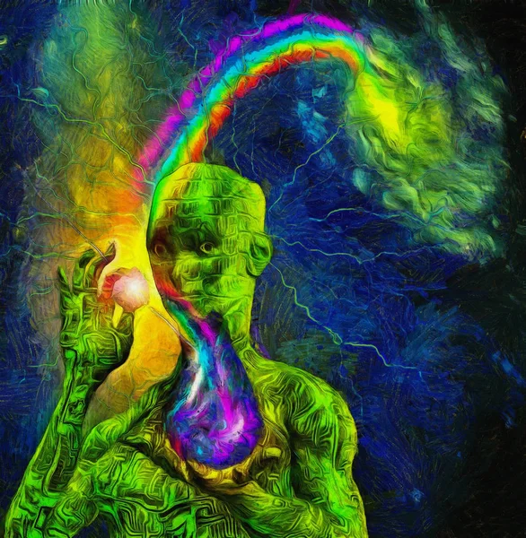 Composición Surrealista Droid Contiene Elementos Vida Arco Iris Relámpagos Galaxia — Foto de Stock