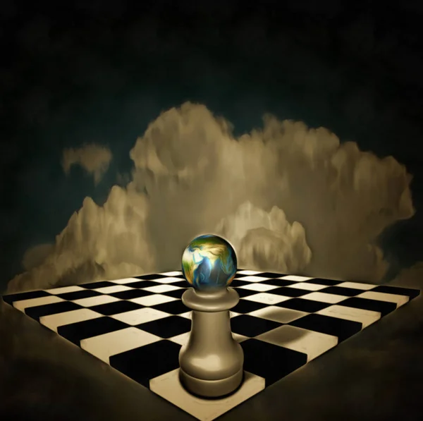 Surreale Komposition Schachbrett Und Figur Mit Planet Erde Schweben Himmel — Stockfoto