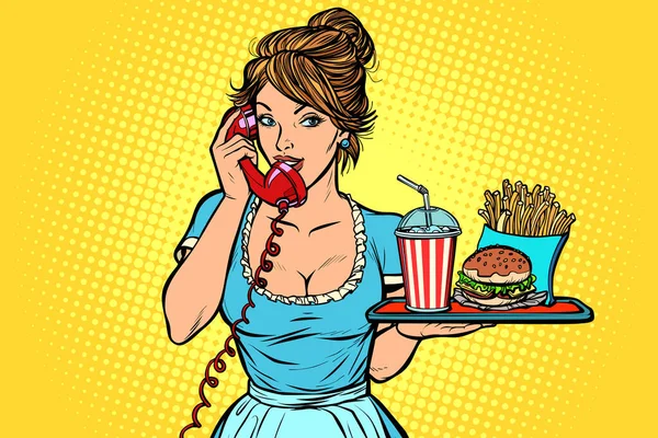 Consegna Servizio Albergo Cameriera Fast Food Vassoio Fumetto Pop Art — Foto Stock