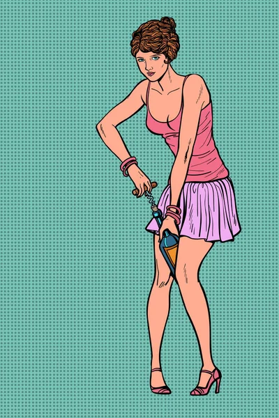 Woman uncorking Champagne. Comic cartoon pop art retro vector illustration drawing