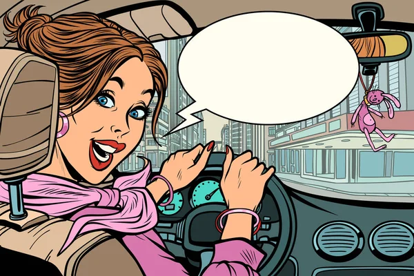 Joyful Woman Wheel Car Comic Cartoon Pop Art Retro Vector — Stock Photo, Image