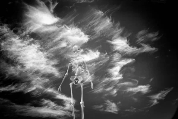 Σουρεαλισμός Σκελετός Σύννεφα Φόντο — Φωτογραφία Αρχείου