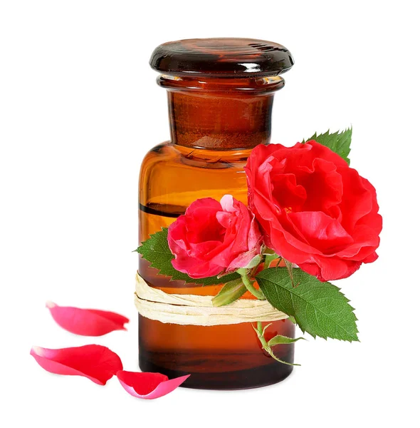 Huile Rose Dans Une Vieille Bouteille Pharmaciens — Photo