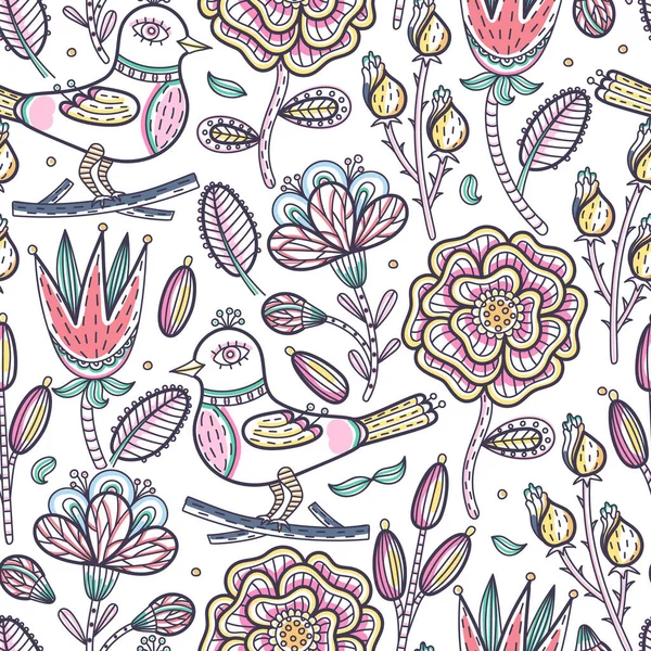 Patrón Sin Costura Floral Flores Creativas Abstractas Dibujadas Mano Pájaro —  Fotos de Stock