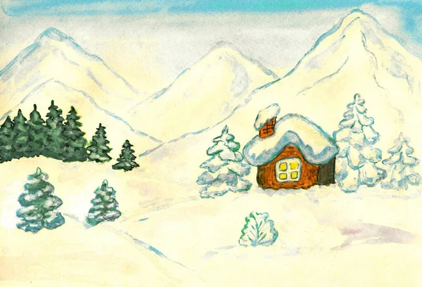 Рисунок Мбаппе Акварель Домик Горах Зимой Размер Оригинала — стоковое фото