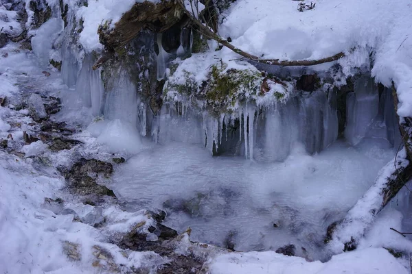 Icicles Folhas Gelo Neve Uma Cachoeira Congelada — Fotografia de Stock