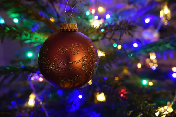 Red Designed Christmas Bauble Hanging Tree — Stock Photo, Image