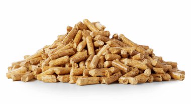 Close up on a pile of compressed wood pellets for use as an eco-friendly renewable organic biofuel or mulch in the garden over a white background clipart