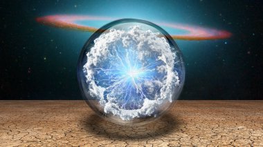 Surrealism. Splash of clouds and lightnings inside crystal ball. Galaxy disk on a background. clipart