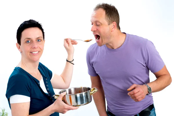 Young Man Test Good Food His Wife — Stock Photo, Image