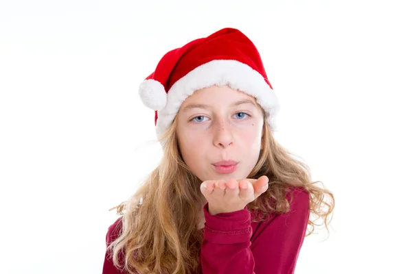 Chica Rubia Con Santa Claus Gorra Soplando Sobre Mano —  Fotos de Stock