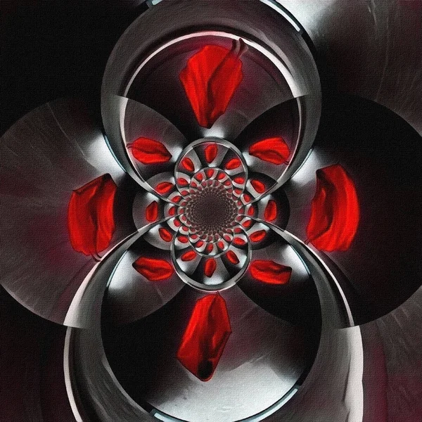 Abstract painting. Mirrored round fractal with figure of woman under red veil.