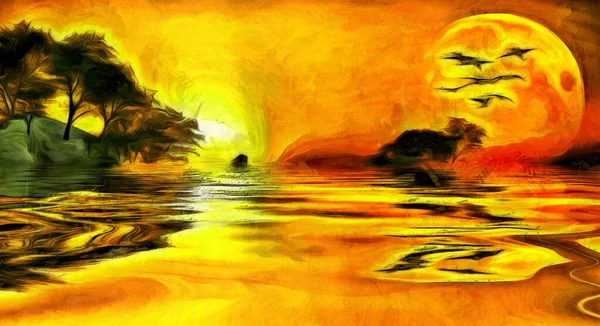 Vivid Water Landscape Islands Birds Full Moon Sunset Sunrise — Stock Photo, Image