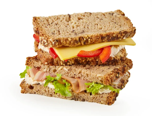 Healthy Wholegrain Sandwich Ham Lettuce Tomato Cheese Isolated White Stacked — Stock Photo, Image