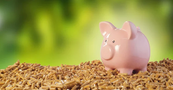 Banco Piggy Rosa Uma Pilha Pellets Madeira Contra Fundo Verde — Fotografia de Stock
