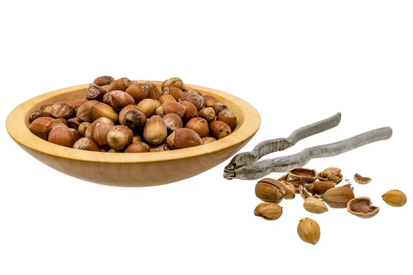 Wooden Bowl Hazelnuts Nutcracker Opened Nuts Isolated White — Stock Photo, Image