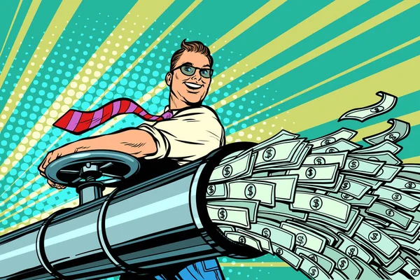 Affärsman Öppnar Pipe Pengar Finansiera Dollar Flöde Pop Art Retro — Stockfoto